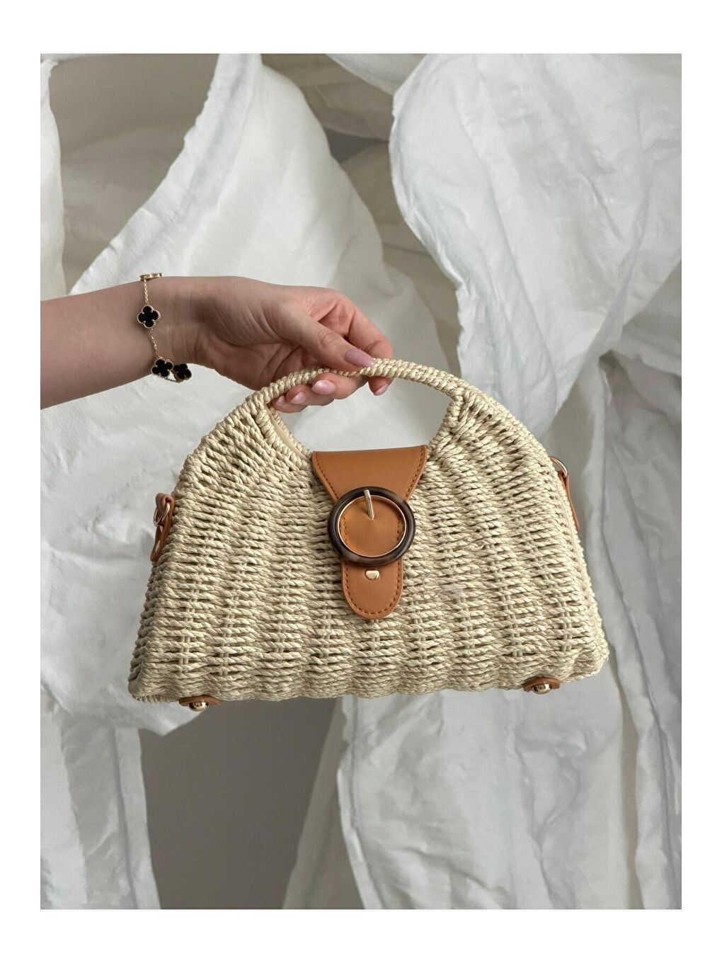 Halka Tokalı Bej Hasır Çanta CNT1146