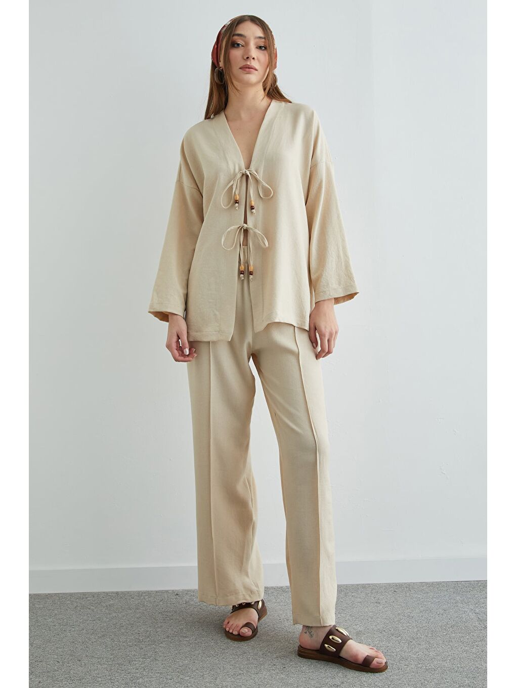 Bej Önü Bağlamalı Keten Kimono 2 Li Takım-4