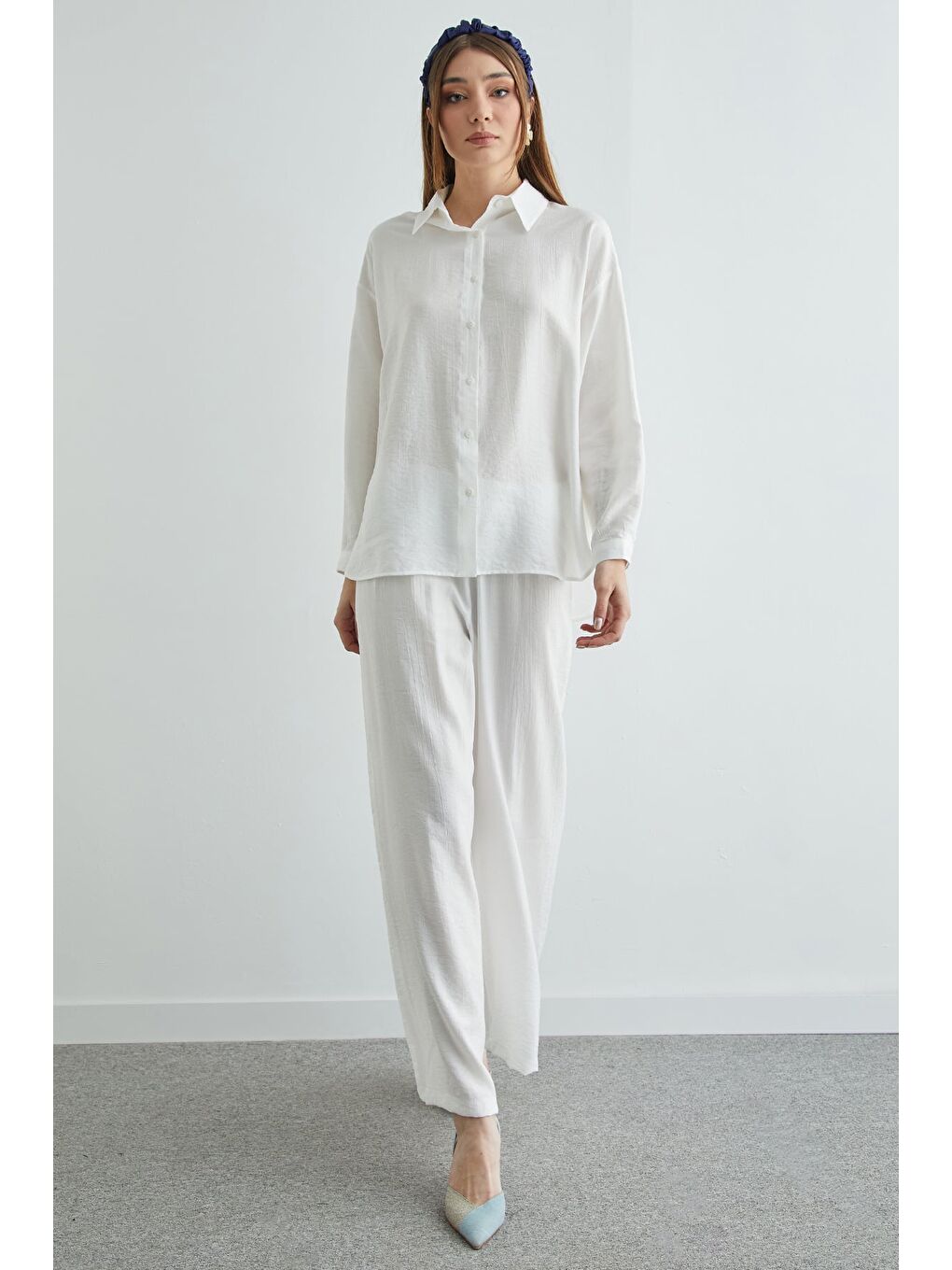 Beyaz Basic Düğmeli Salaş Krinkıl 2 Li Takım-1