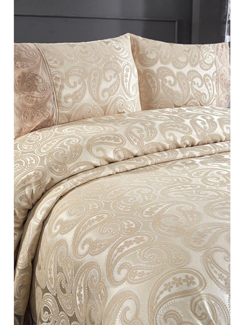 Şal 3 Parça Çift Kişilik Yatak Örtüsü Bej-1