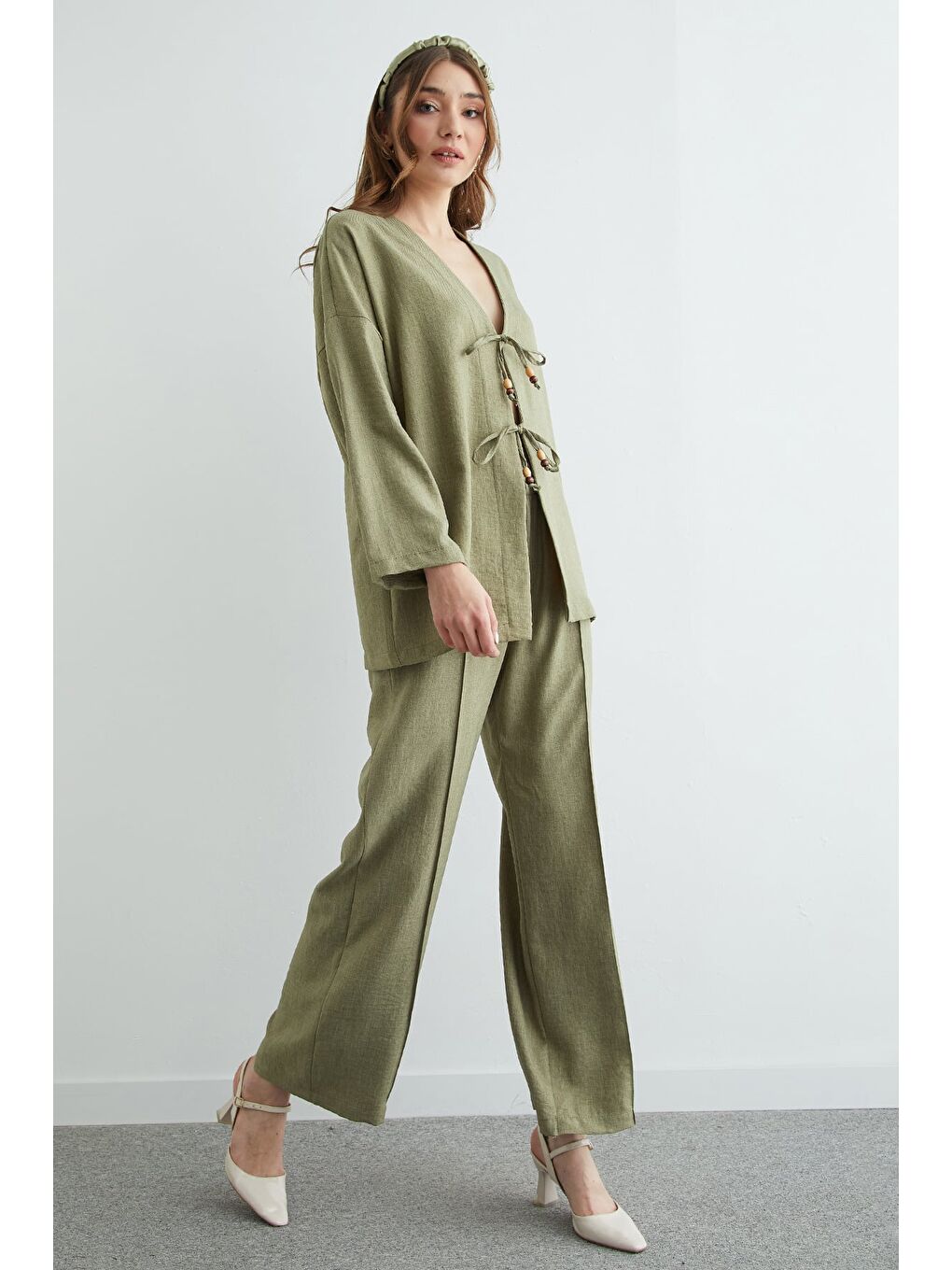 Yeşil Önü Bağlamalı Keten Kimono 2 Li Takım-2