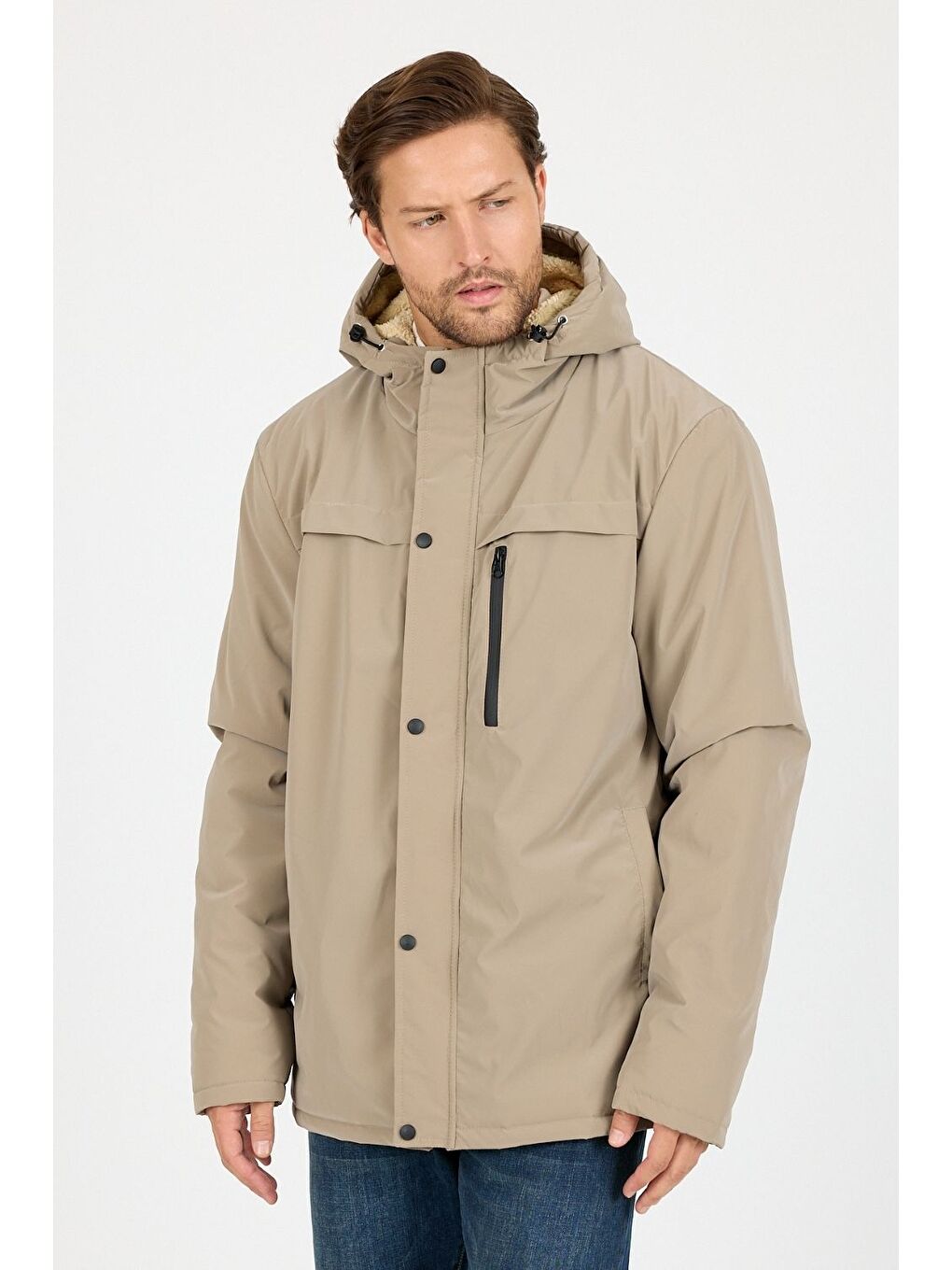 Bej Vibes x Avmteks Kürklü Kapüşon Detaylı Mont 005-4