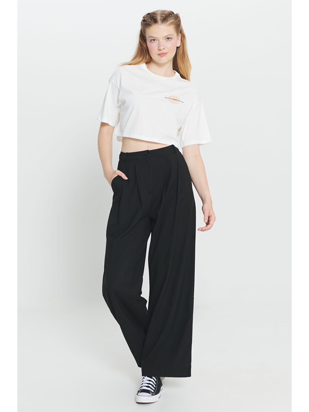 Ekru %100 Pamuk Oversize Fit Bol Kesim Baskılı Bisiklet Yaka Tişört-2