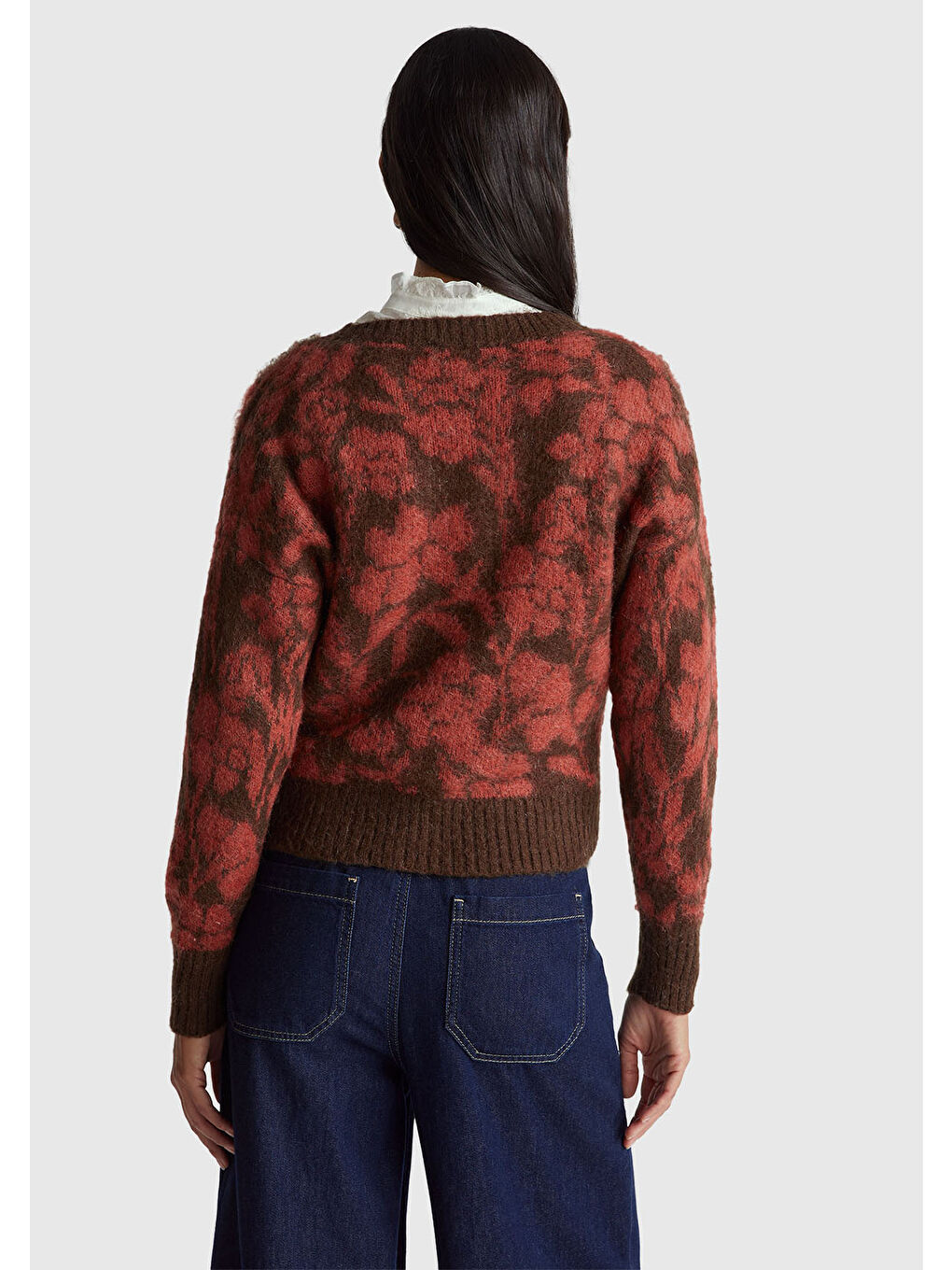 Kadın Koyu Kahverengi Akrilik Karışımlı Desenli Ribana Detaylı Bisiklet Yaka Kazak-2