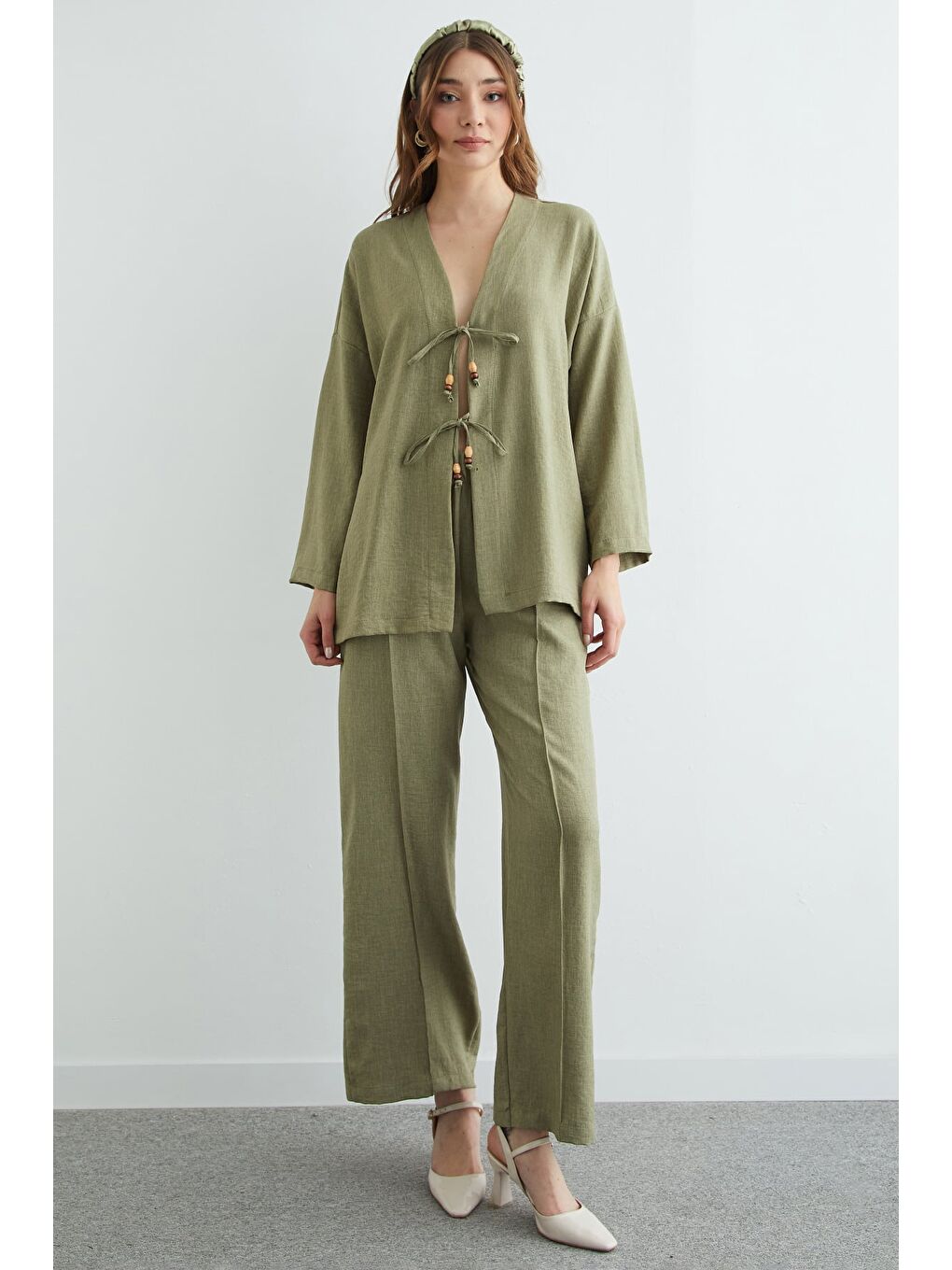 Yeşil Önü Bağlamalı Keten Kimono 2 Li Takım-3