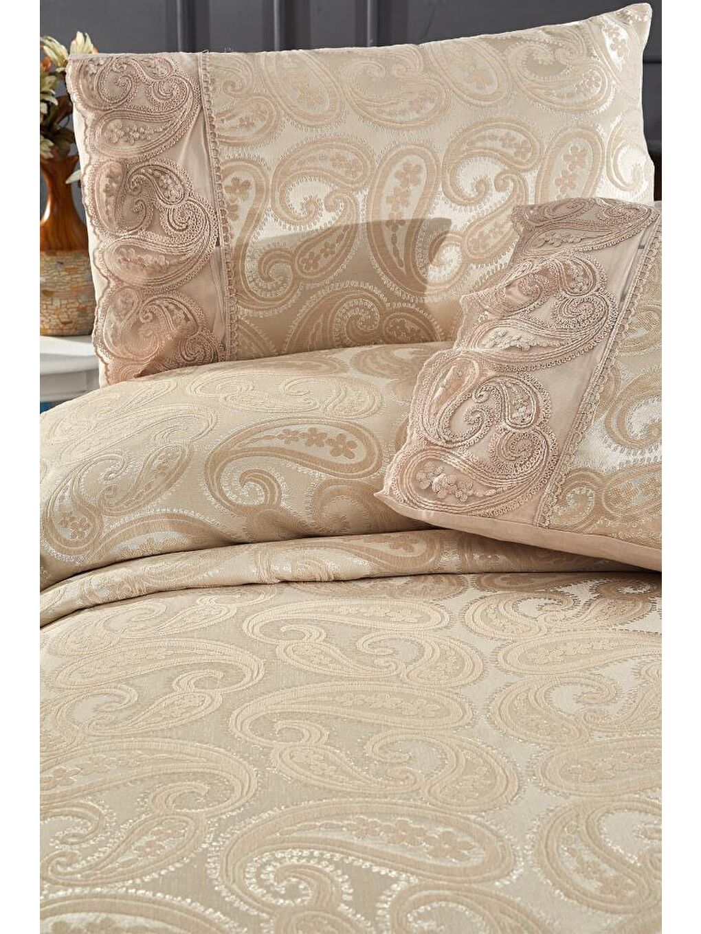 Şal 3 Parça Çift Kişilik Yatak Örtüsü Bej-2