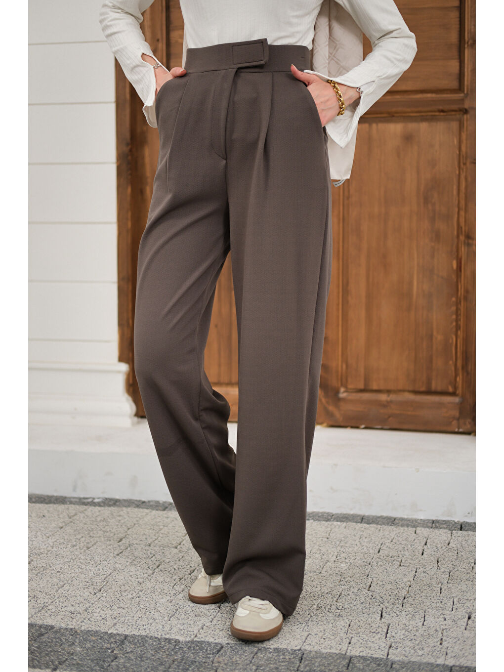 Gri Kadın Cırtcırt Detay Kumaş Pantolon Füme-2