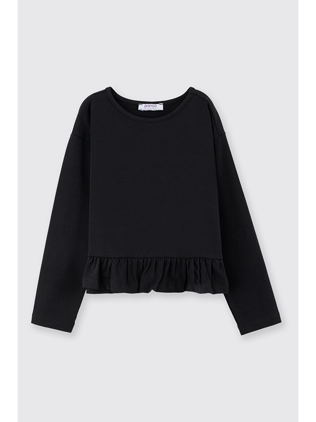 Kız Çocuk Etek Ucu Fırfırlı Uzun Kollu Siyah Tişört-4