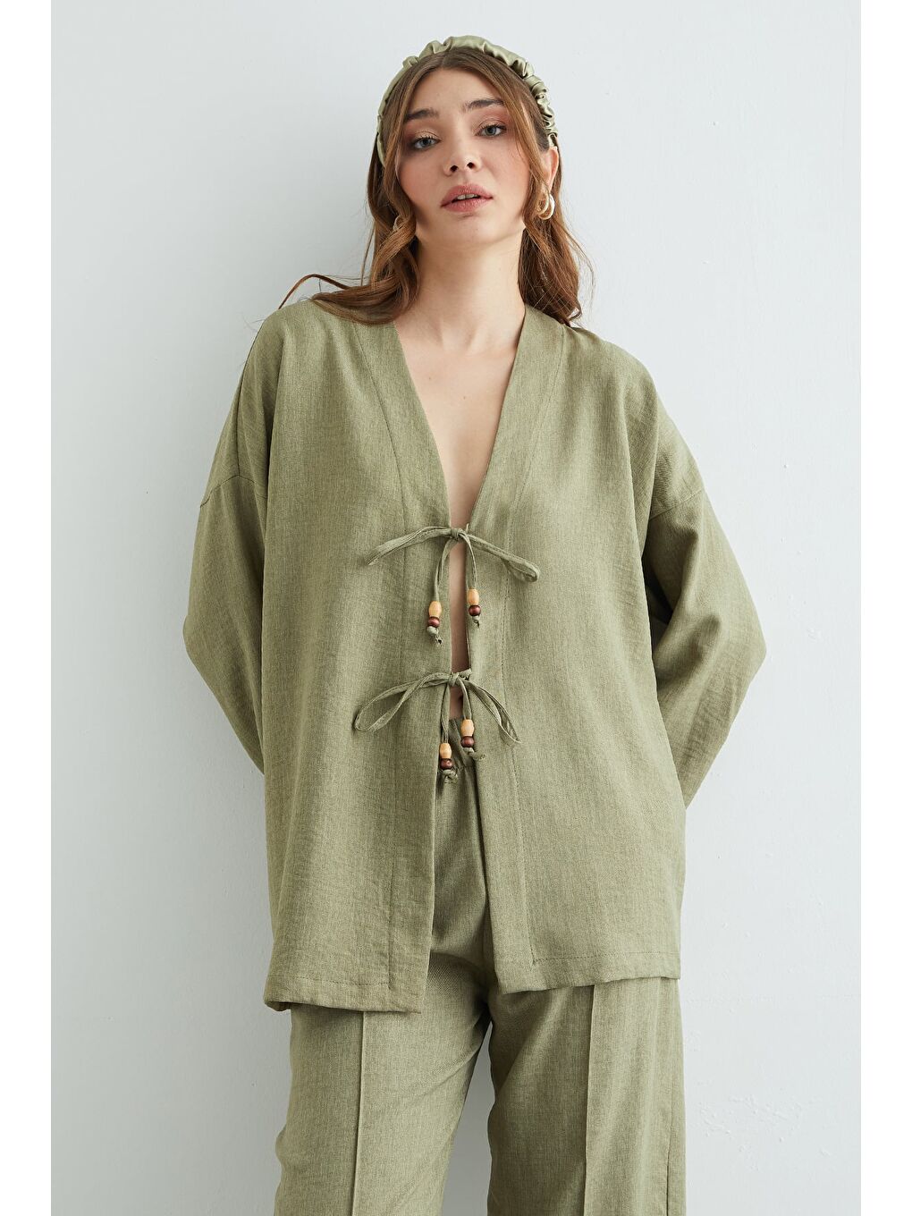 Yeşil Önü Bağlamalı Keten Kimono 2 Li Takım-4