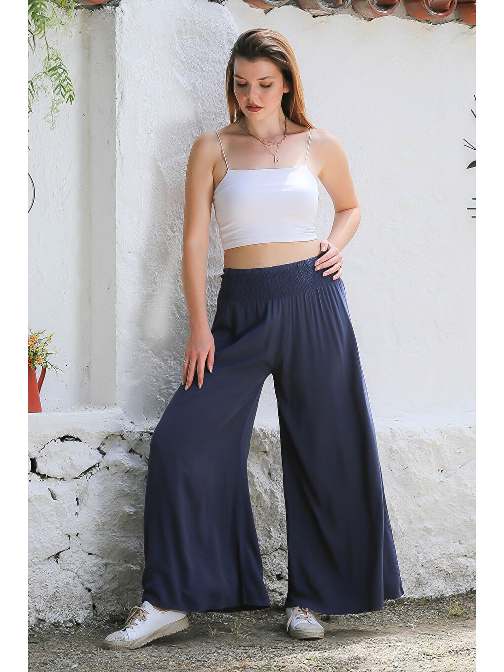 İtalyan Koyu Mavi Dokuma Lastikli Bel Geniş Paça Casual Viskon Pantolon