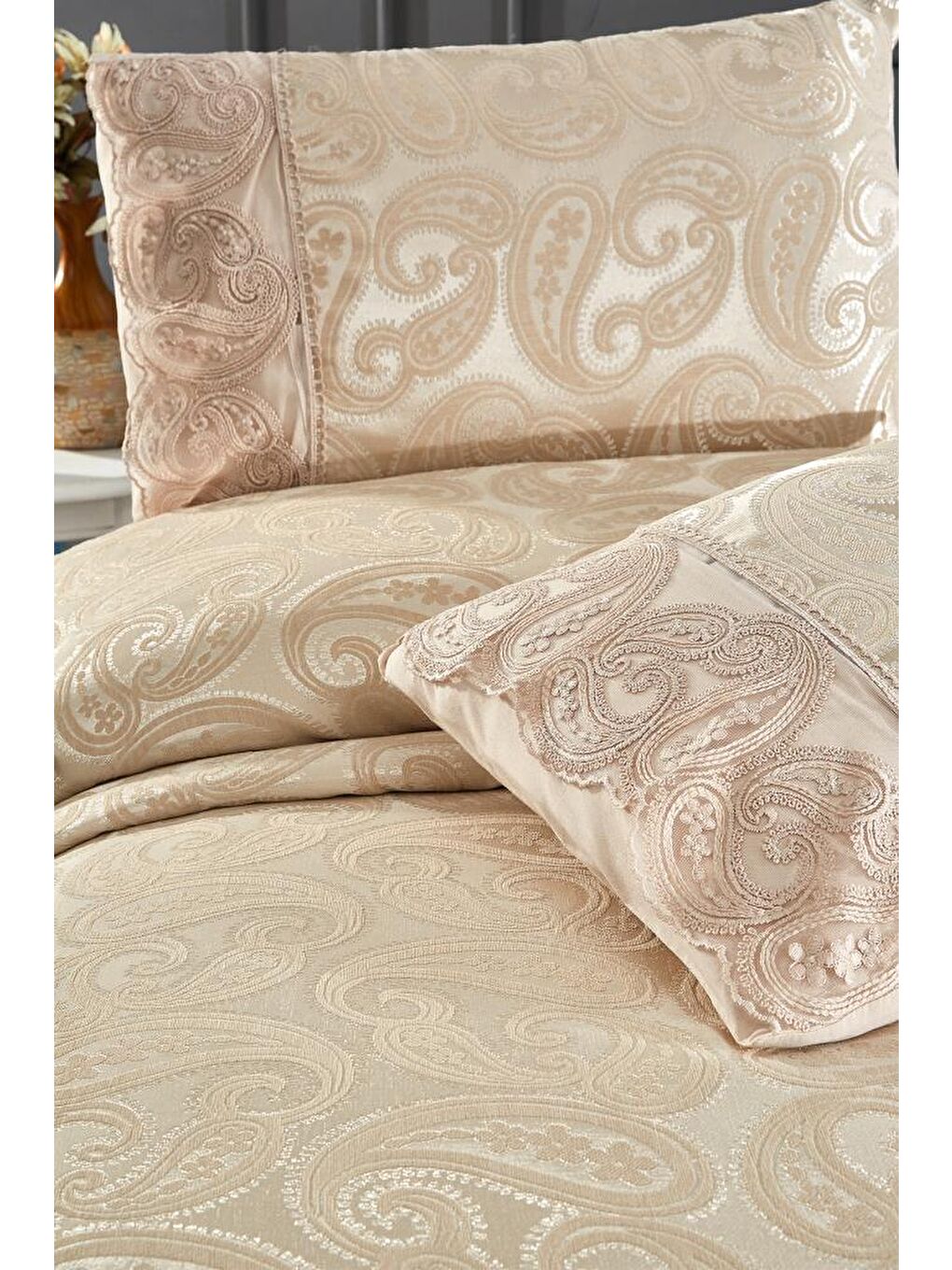 Şal 3 Parça Çift Kişilik Yatak Örtüsü Bej-3