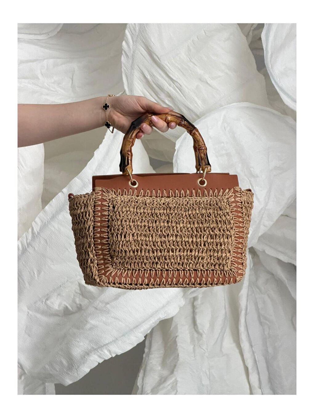 Lacivert Bambu Saplı Camel Hasır Çanta CNT1115