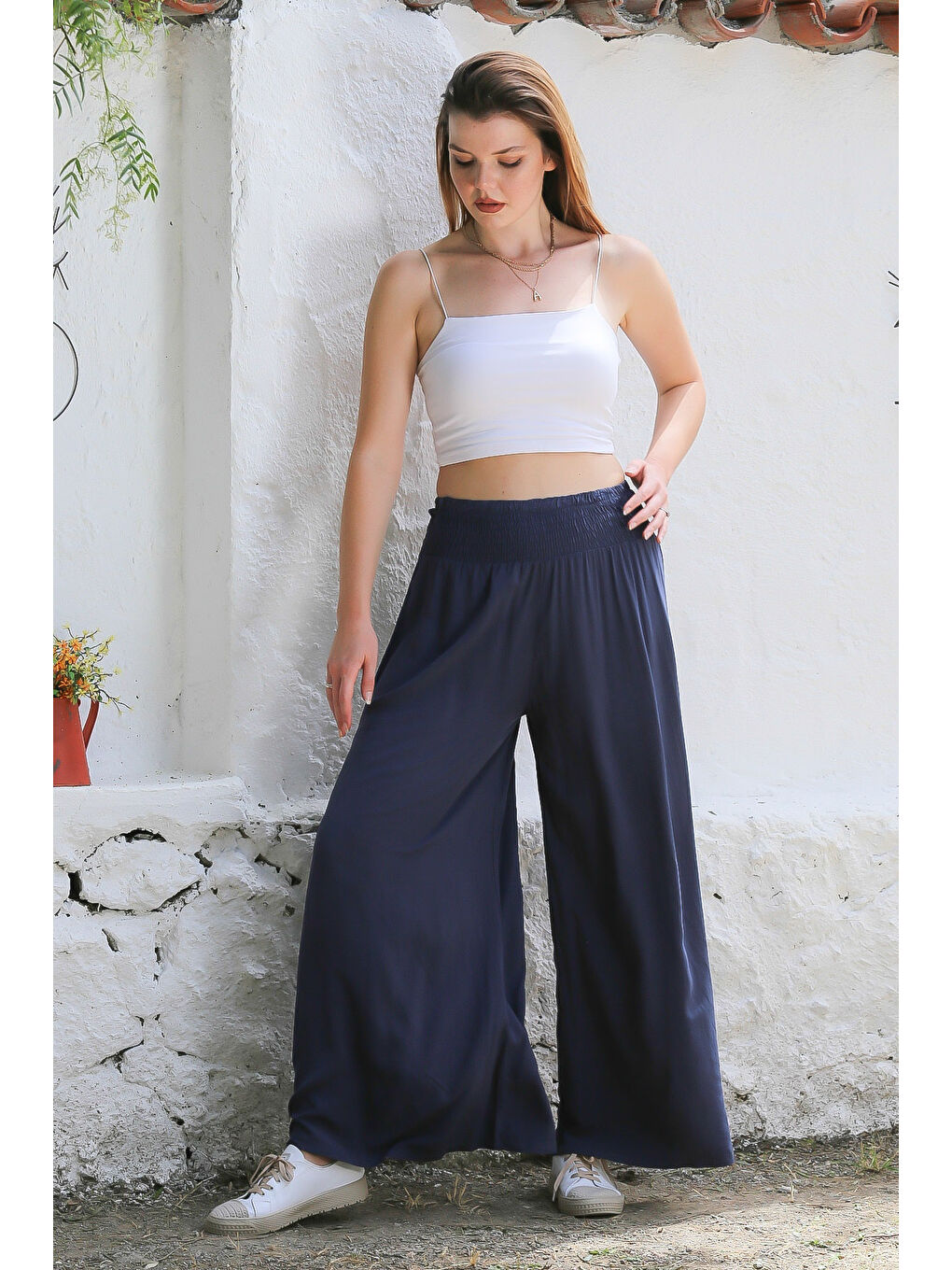 İtalyan Koyu Mavi Dokuma Lastikli Bel Geniş Paça Casual Viskon Pantolon-2