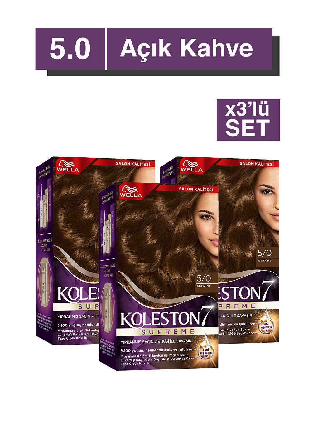 Wella Renksiz Koleston Supreme Saç Boyası 5/0 Açık Kahve x3'li Set