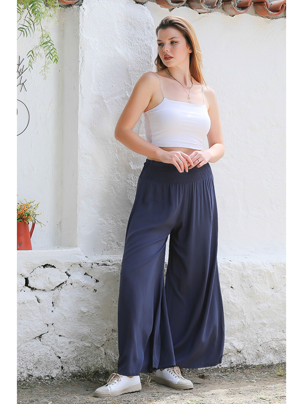 İtalyan Koyu Mavi Dokuma Lastikli Bel Geniş Paça Casual Viskon Pantolon-4