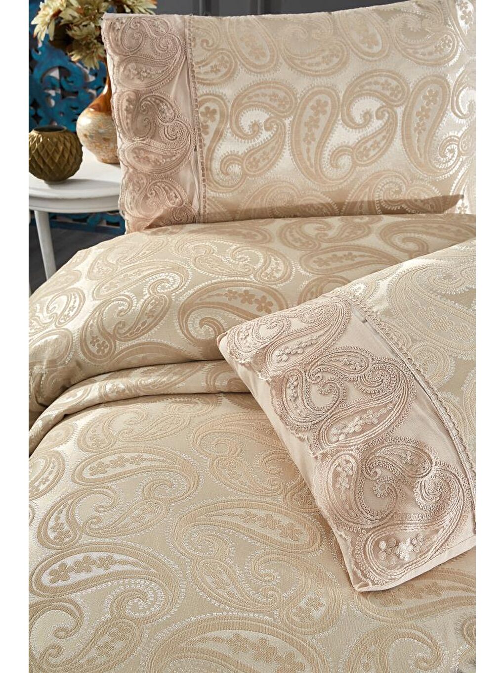 Şal 3 Parça Çift Kişilik Yatak Örtüsü Bej-5