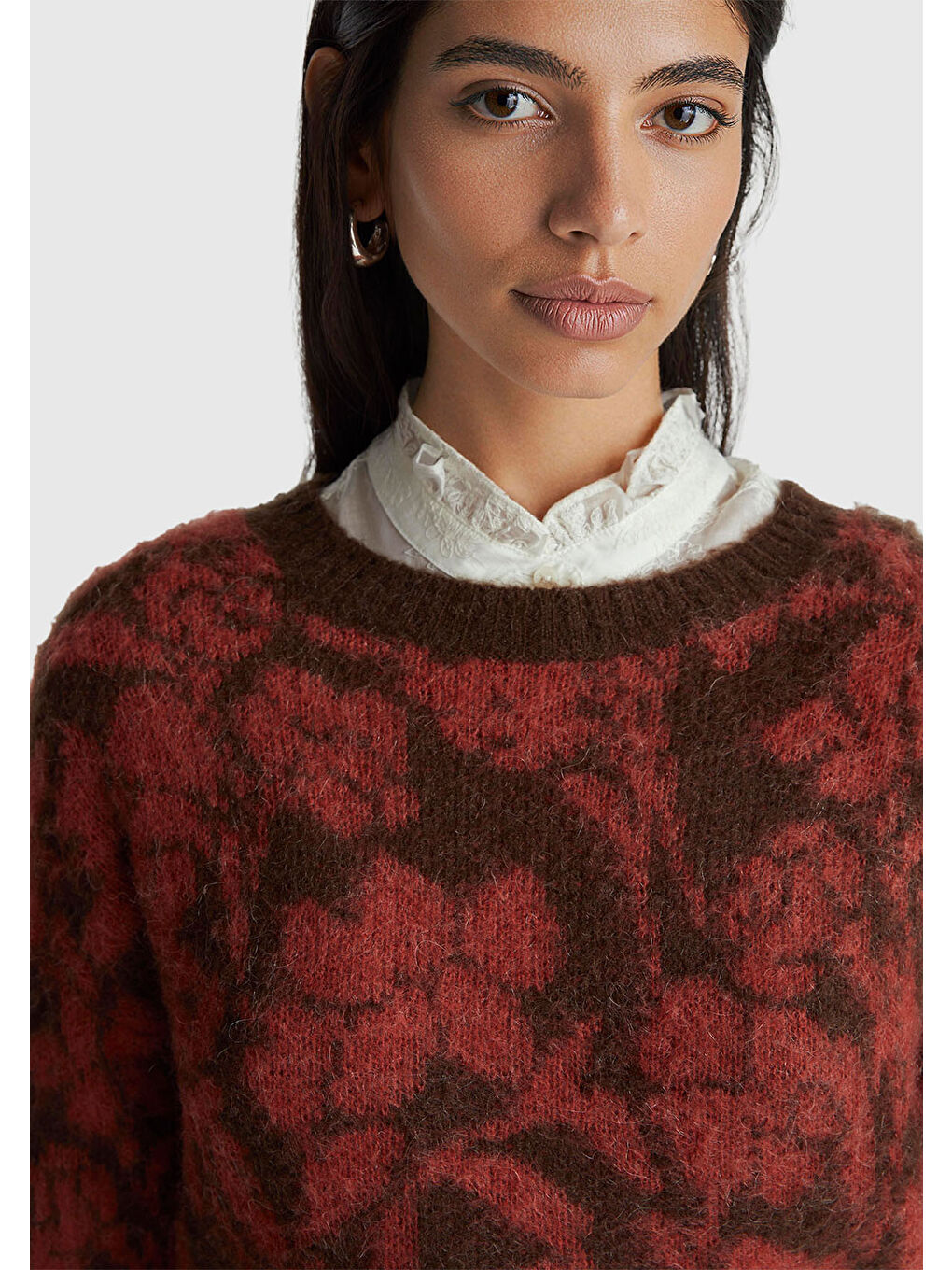 Kadın Koyu Kahverengi Akrilik Karışımlı Desenli Ribana Detaylı Bisiklet Yaka Kazak-5