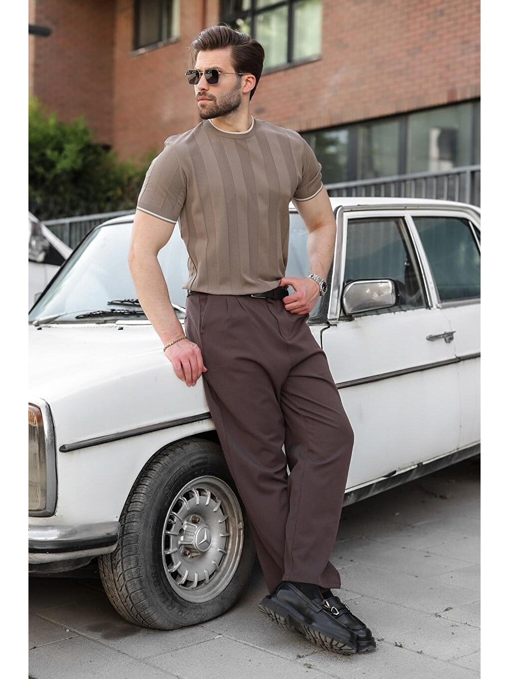 Açık Kahverengi Bisiklet Yaka Regular Fit Triko Erkek Tişört E7487
