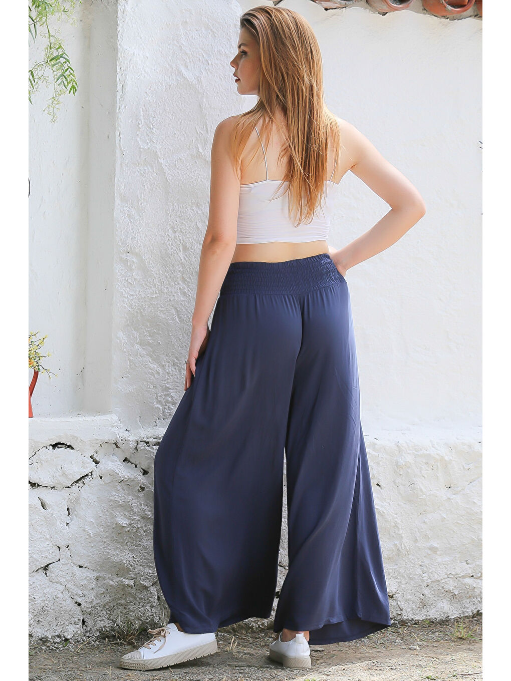 İtalyan Koyu Mavi Dokuma Lastikli Bel Geniş Paça Casual Viskon Pantolon-5