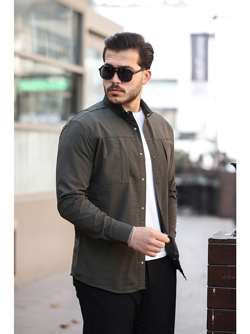 Haki Erkek Gizli Cep Paraşüt Kumaş Gömlek-1