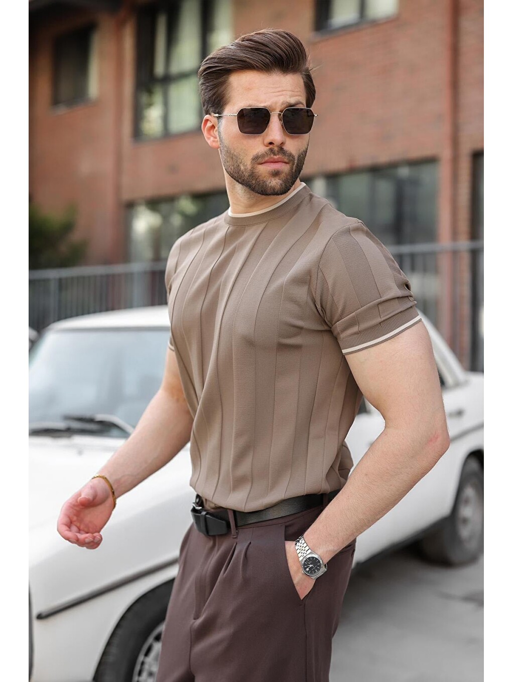 Açık Kahverengi Bisiklet Yaka Regular Fit Triko Erkek Tişört E7487-1