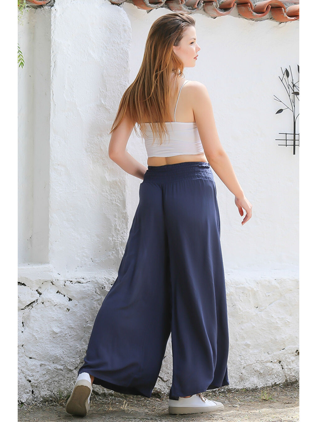 İtalyan Koyu Mavi Dokuma Lastikli Bel Geniş Paça Casual Viskon Pantolon-6