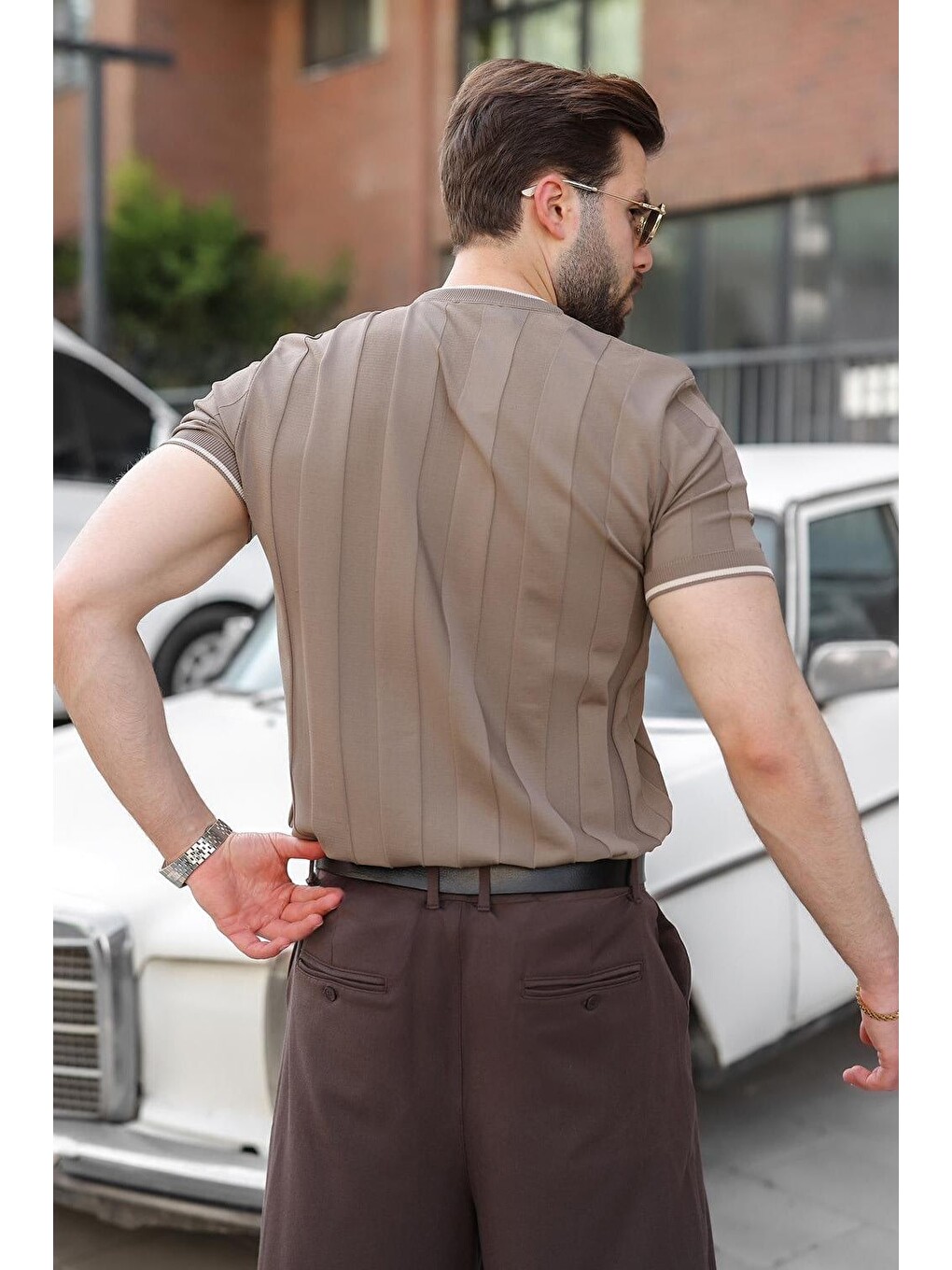 Açık Kahverengi Bisiklet Yaka Regular Fit Triko Erkek Tişört E7487-2