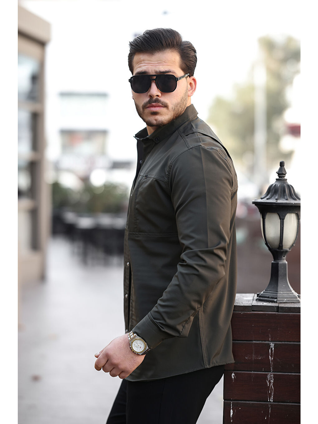 Haki Erkek Gizli Cep Paraşüt Kumaş Gömlek-2