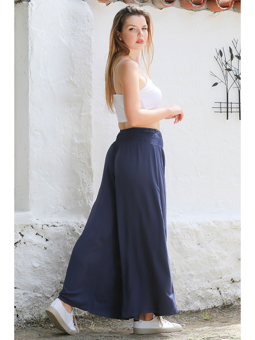 İtalyan Koyu Mavi Dokuma Lastikli Bel Geniş Paça Casual Viskon Pantolon-7