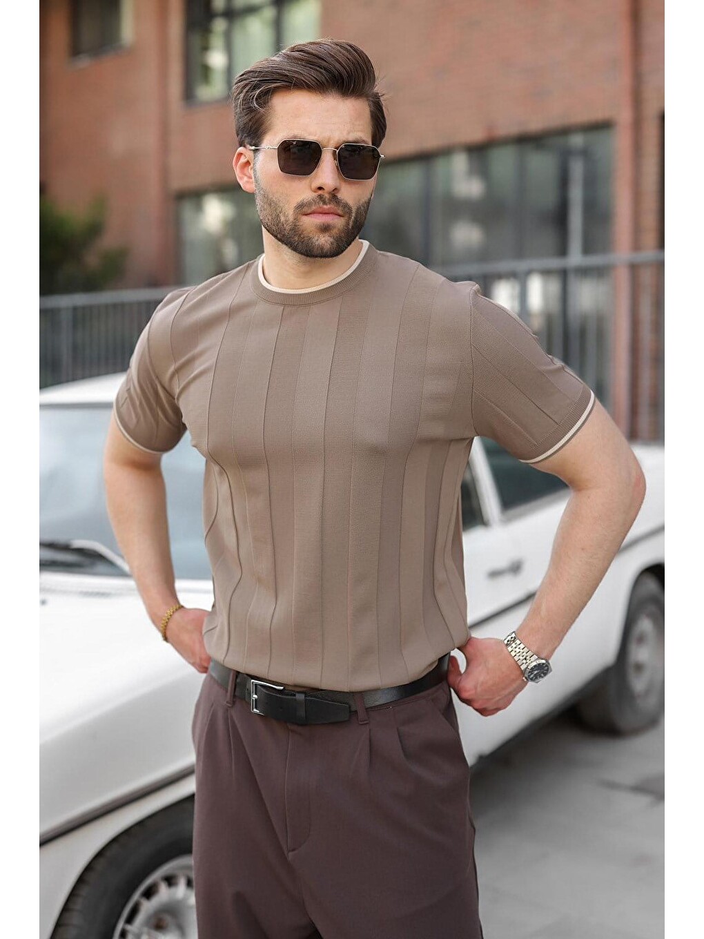 Açık Kahverengi Bisiklet Yaka Regular Fit Triko Erkek Tişört E7487-4
