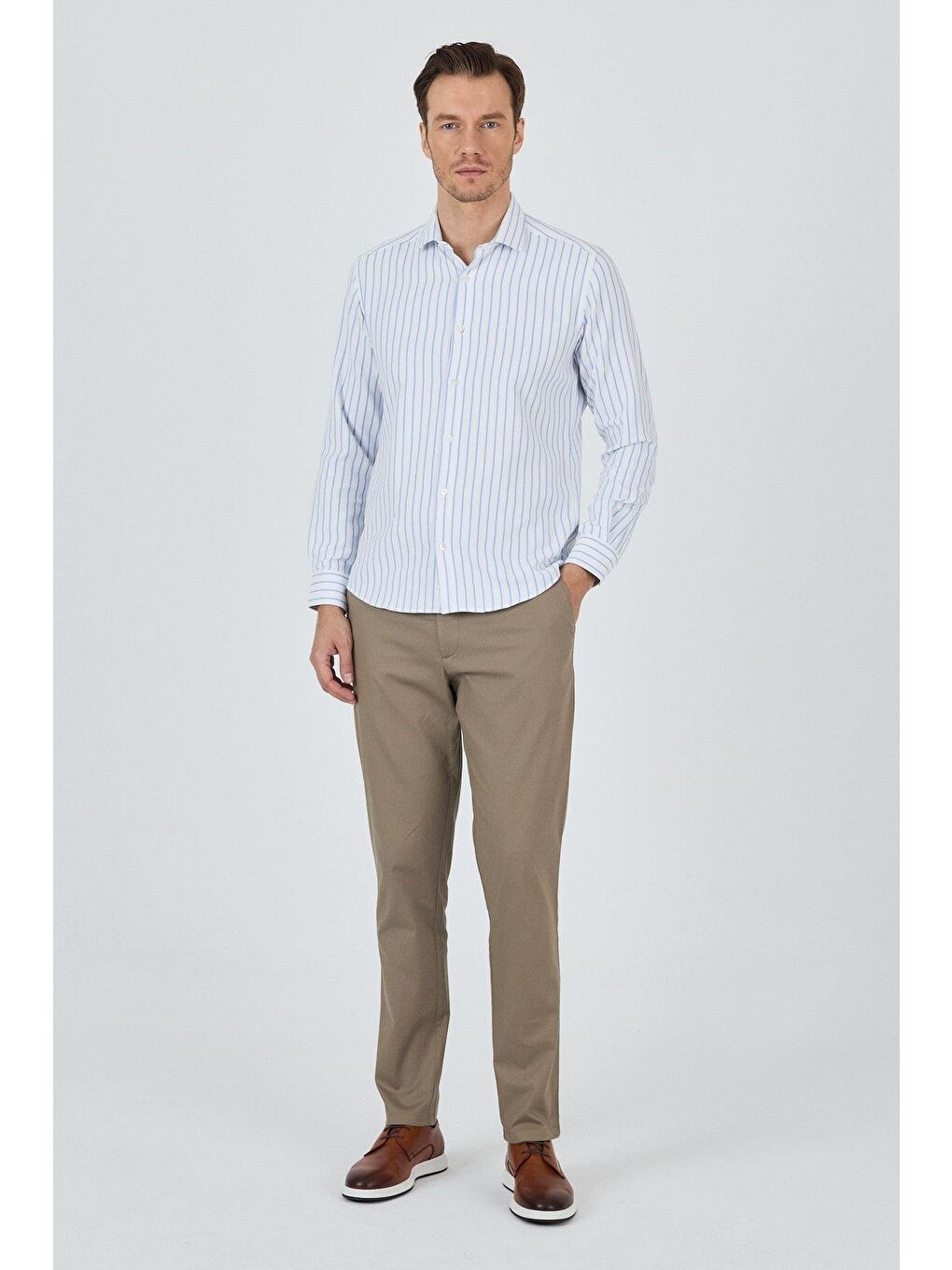 Koyu Mavi Yarım İtalyan Yaka Çizgili Desen Casual Slim Fit Gömlek 1004250216