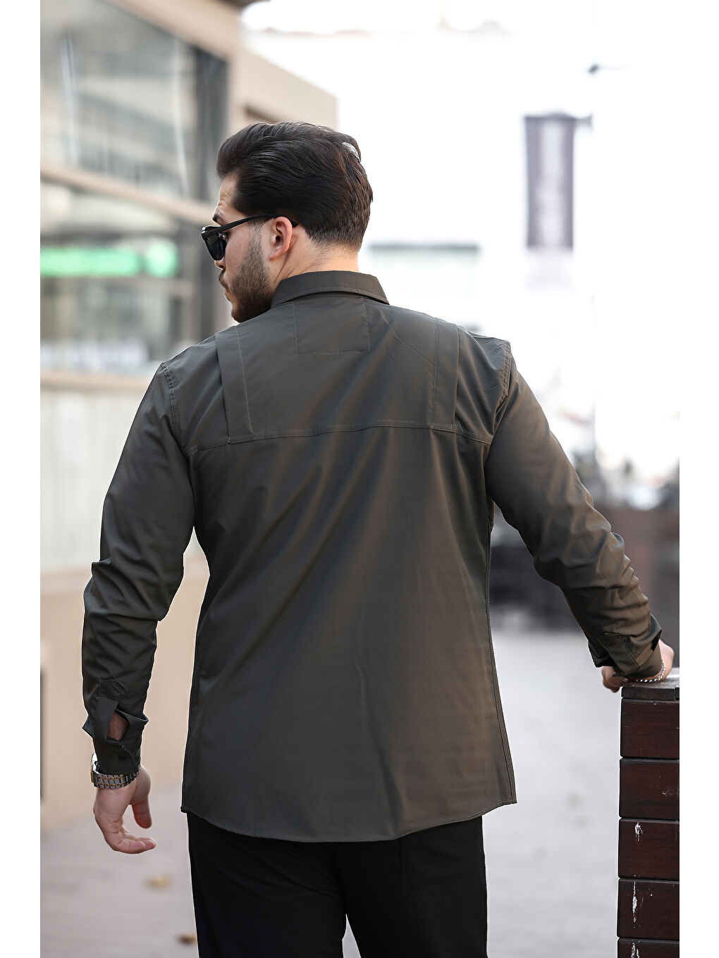 Haki Erkek Gizli Cep Paraşüt Kumaş Gömlek-3
