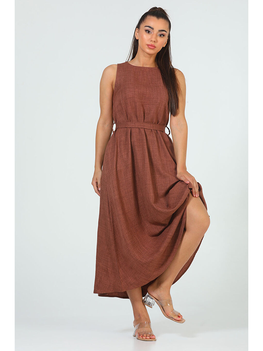 Kahverengi Kadın Bisiklet Yaka Cep Detaylı Bel Kuşaklı Uzun Elbise-2