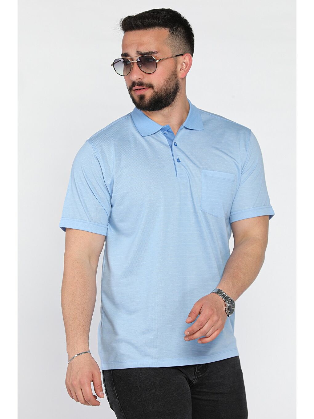 Mavi Polo Yaka Yarım Düğmeli Cepli Erkek Tişört-1