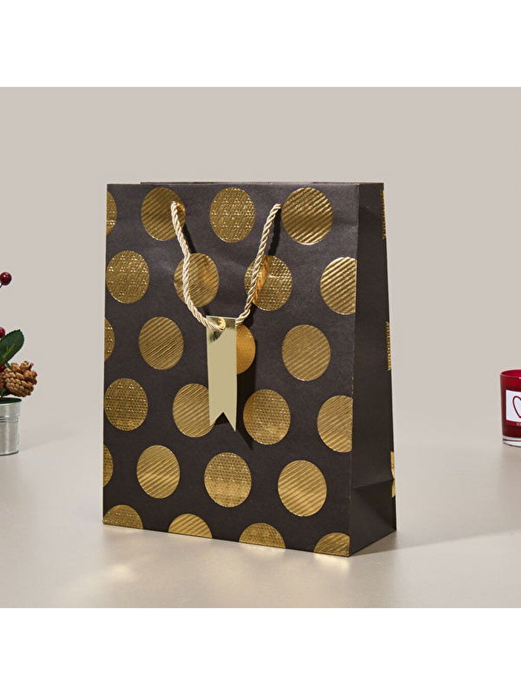 Puantiyeli Hediye Çantası - Kahverengi - 26x10x32 cm