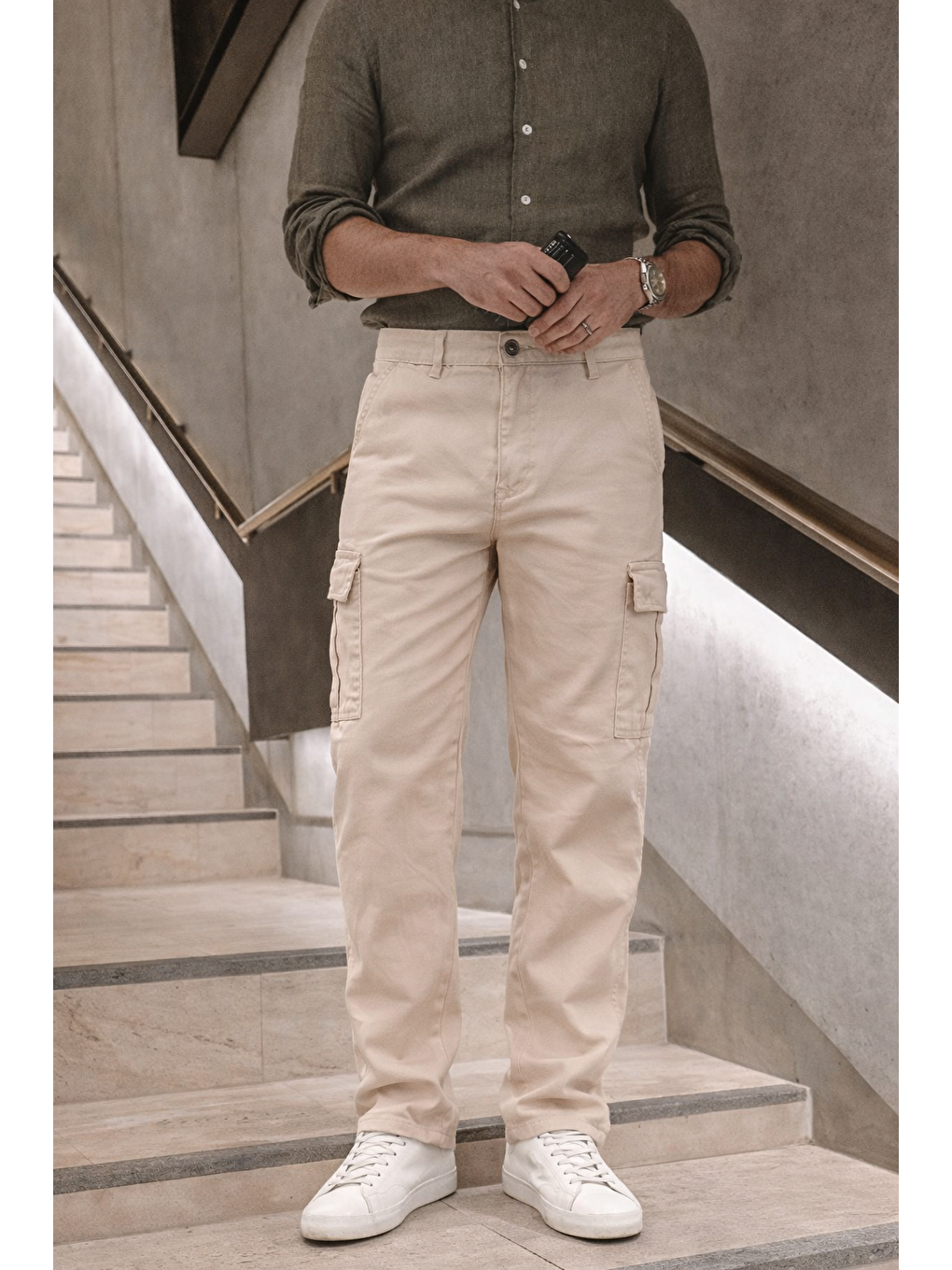 Erkek Yüksek Bel Bol Paça Bej Kargo Baggy Pantolon