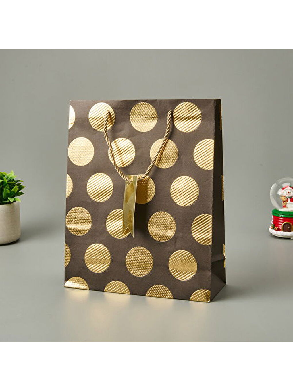 Puantiyeli Hediye Çantası - Kahverengi - 26x10x32 cm-1