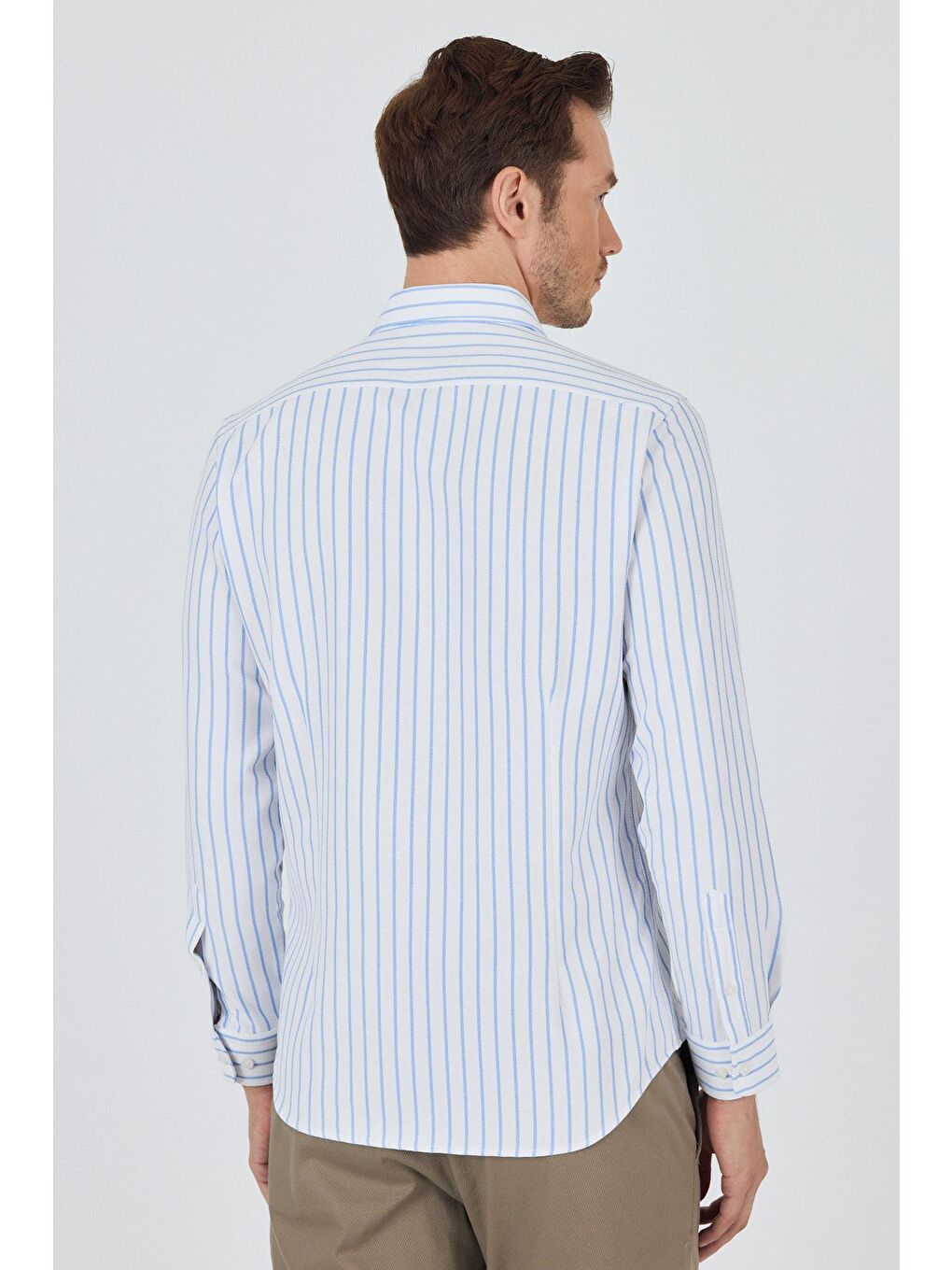 Koyu Mavi Yarım İtalyan Yaka Çizgili Desen Casual Slim Fit Gömlek 1004250216-1