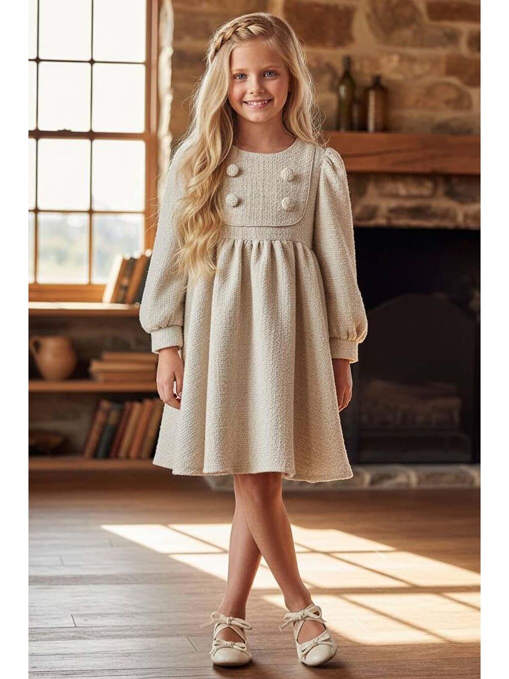 Kız Çocuk Yaka ve Düğme Detaylı Bilekleri Manşetli Pliseli Bej Şanel Elbise