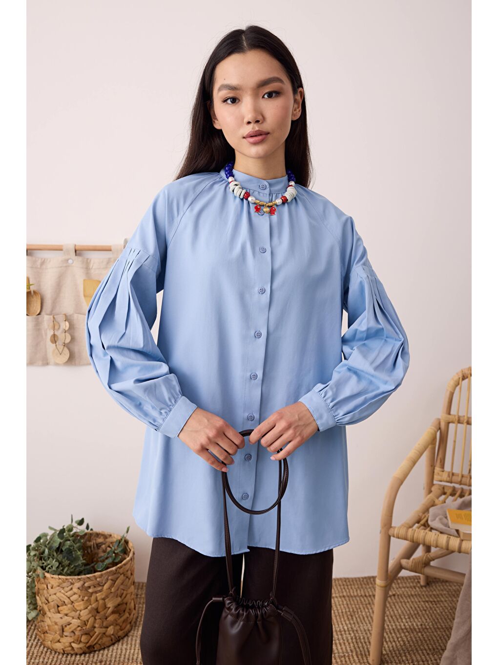 Balon Kollu Gömlek Bebe Mavi-2