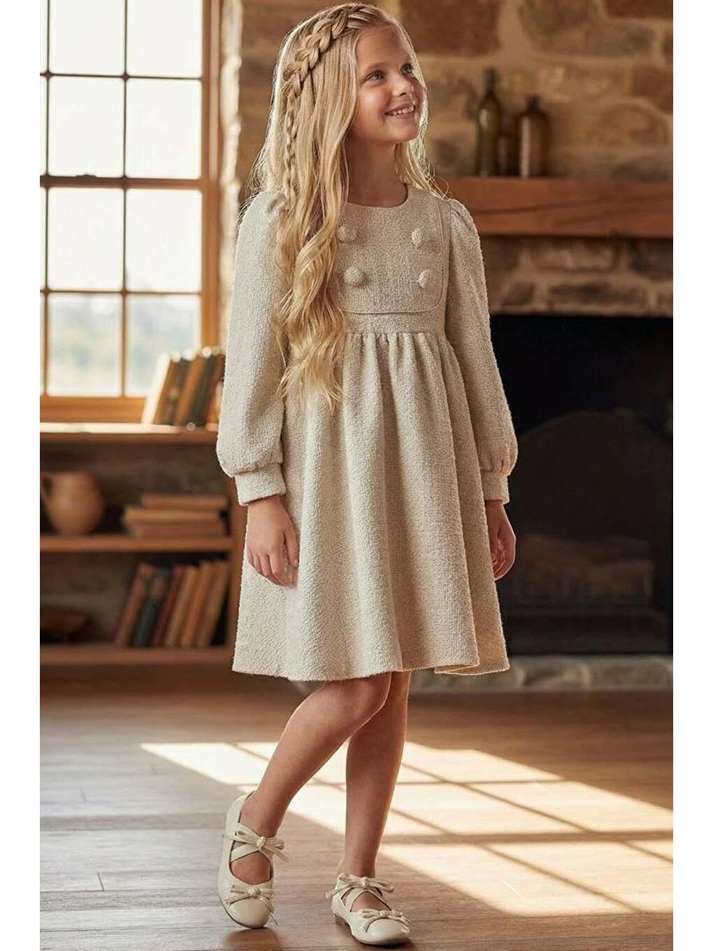 Kız Çocuk Yaka ve Düğme Detaylı Bilekleri Manşetli Pliseli Bej Şanel Elbise-1