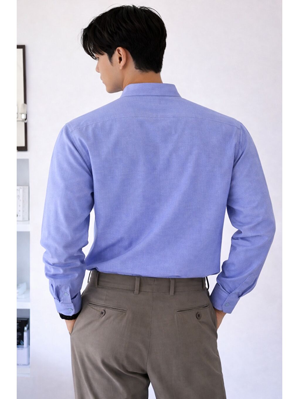 Mavi Keten Karışımlı 3 Düğmeli Hakim Yaka Erkek Gömlek Slim Kesim Yazlık-1