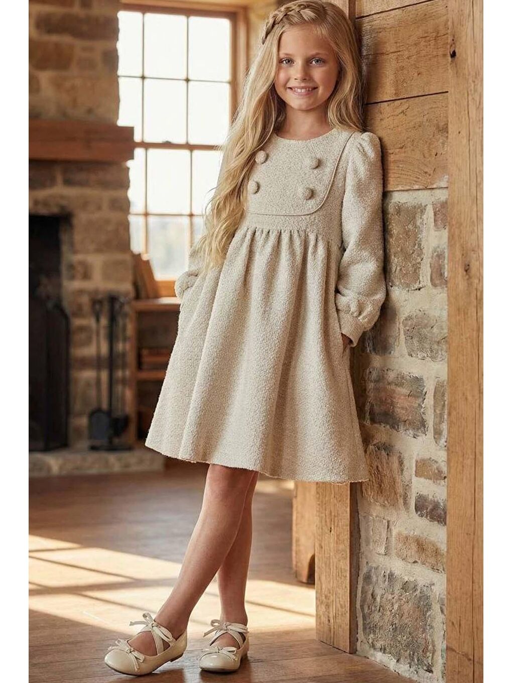 Kız Çocuk Yaka ve Düğme Detaylı Bilekleri Manşetli Pliseli Bej Şanel Elbise-2