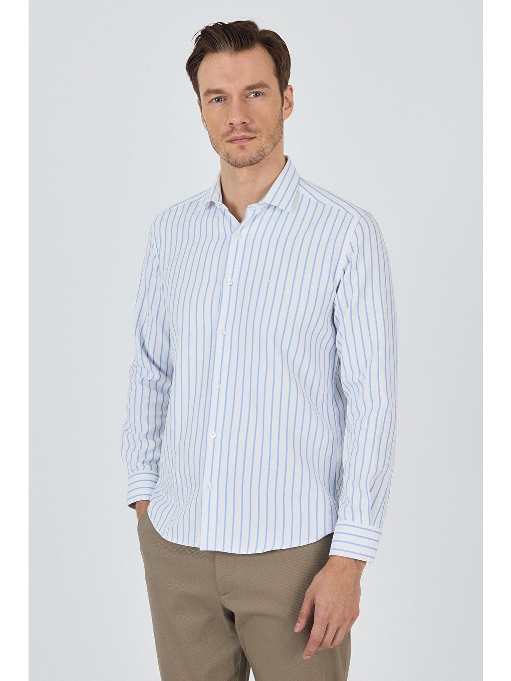 Koyu Mavi Yarım İtalyan Yaka Çizgili Desen Casual Slim Fit Gömlek 1004250216-2