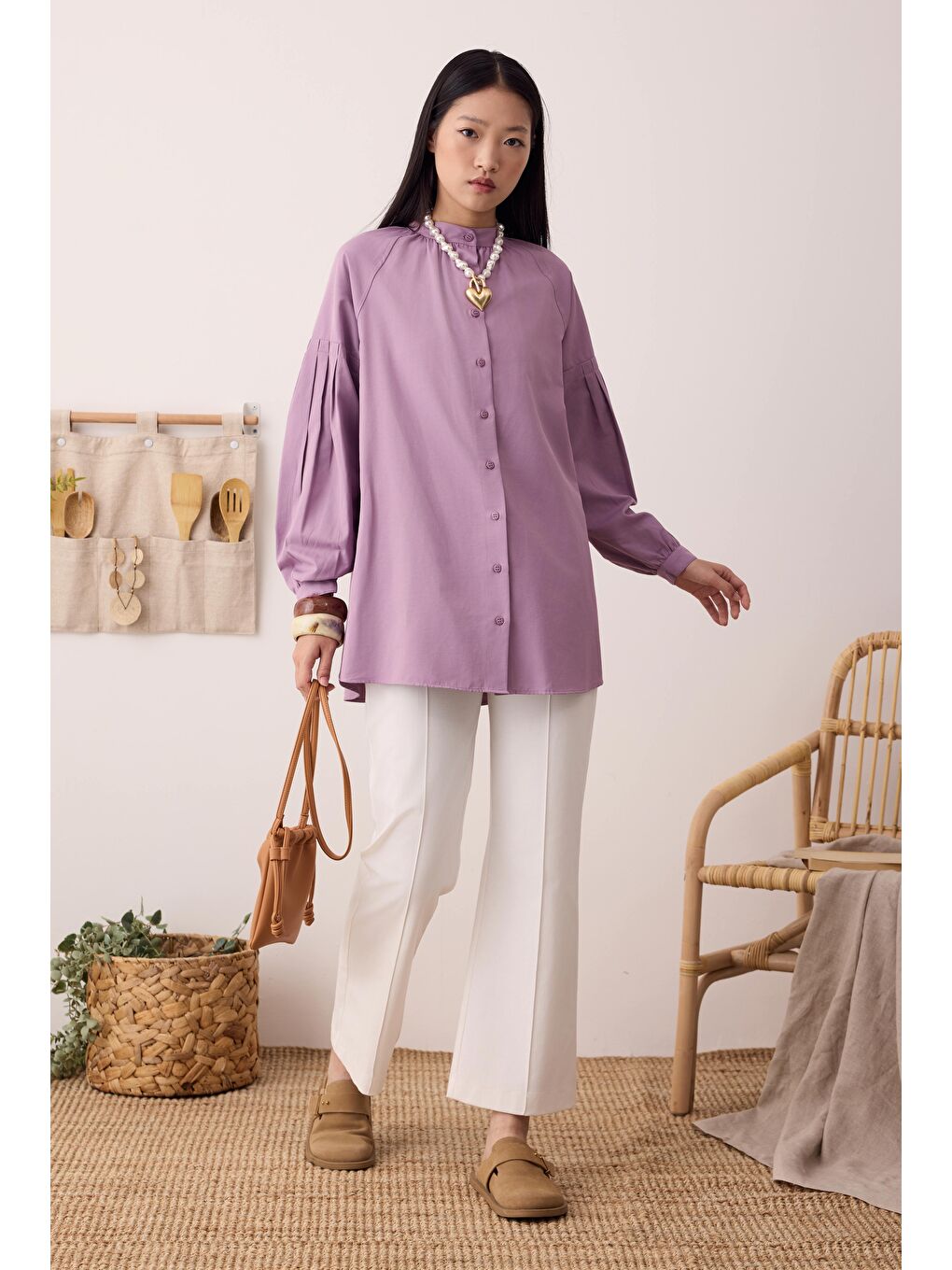 Mor Balon Kollu Gömlek Açık Menekşe