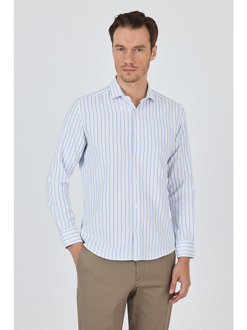 Koyu Mavi Yarım İtalyan Yaka Çizgili Desen Casual Slim Fit Gömlek 1004250216-3