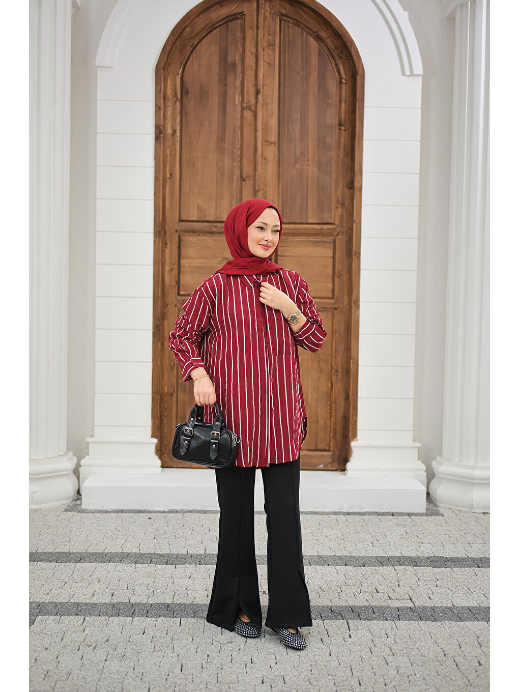 Kadın Kalın Çizgili Detay Gömlek Bordo-1