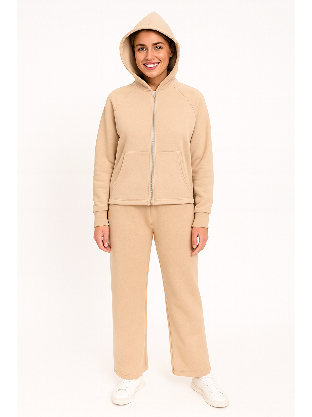 3 İplik Şardonlu Kapüşonlu Kadın Eşofman Takımı | Bej