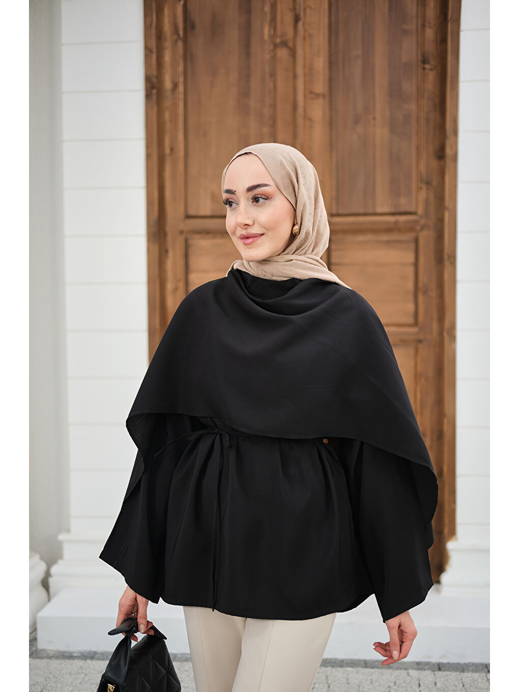 Kadın Şal Detay Bel Bağlamalı Bluz Siyah-3