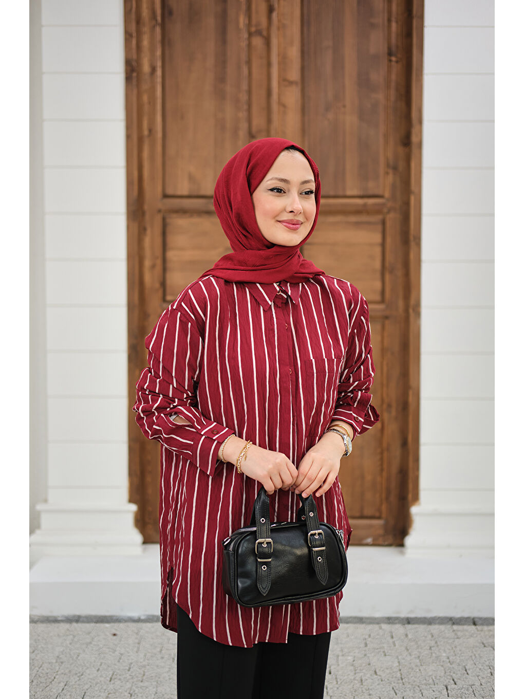 Kadın Kalın Çizgili Detay Gömlek Bordo-2